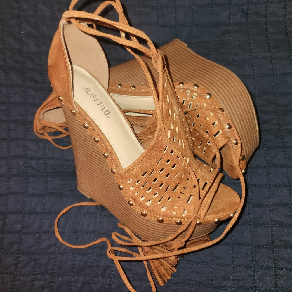 JustFab Tan Suede-Look Lace-Up Platform Wedges